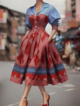 花柄のストライプのミドル丈ドレス,エレガントなイブニングウェア,タートルネック,ミドル丈