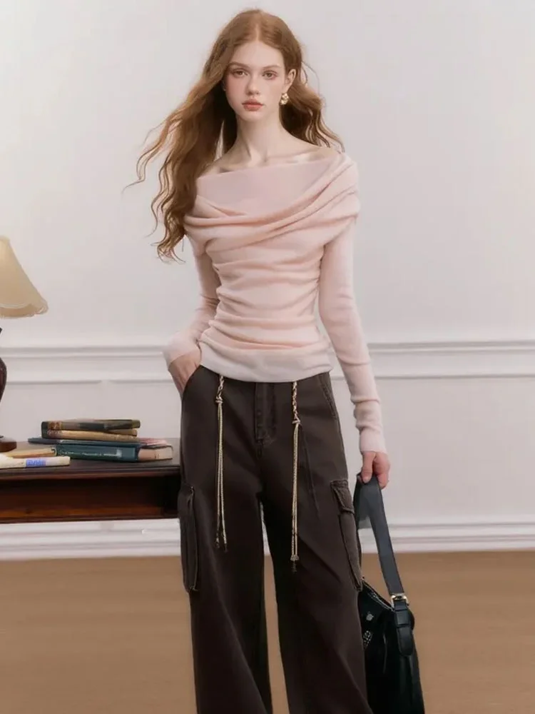 

ZhuoZhi Pure Color Long Sve футболка повседневный ленивый сексуальный топ осенний новый одно плечо нелье для поездок на работу Sle Slim Fit