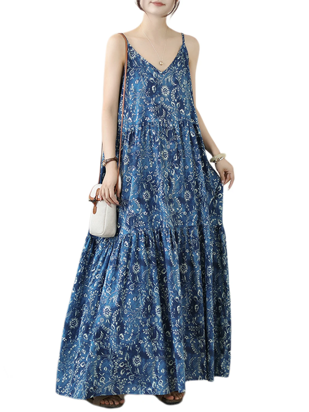 เสื้อกั๊กลายดอกไม้สไตล์เรโทรสำหรับผู้หญิง ชุดเดรสยาวทรงเอ ผ้าบางเบาใส่สบายช่วงฤดูร้อน ช่วยพรางหุ่นให้ดูเพรียวบาง แบบไม่มีแขน...