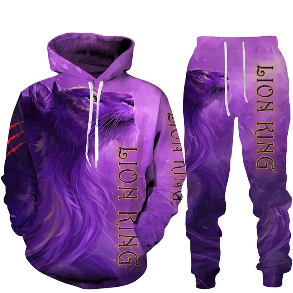 Animal 3D Printed Men's Hoodie Set featuring Lion Pattern All Over Tracksuits for Men,Fashionable Cool Hoodie Pants 2 Pcs Sets