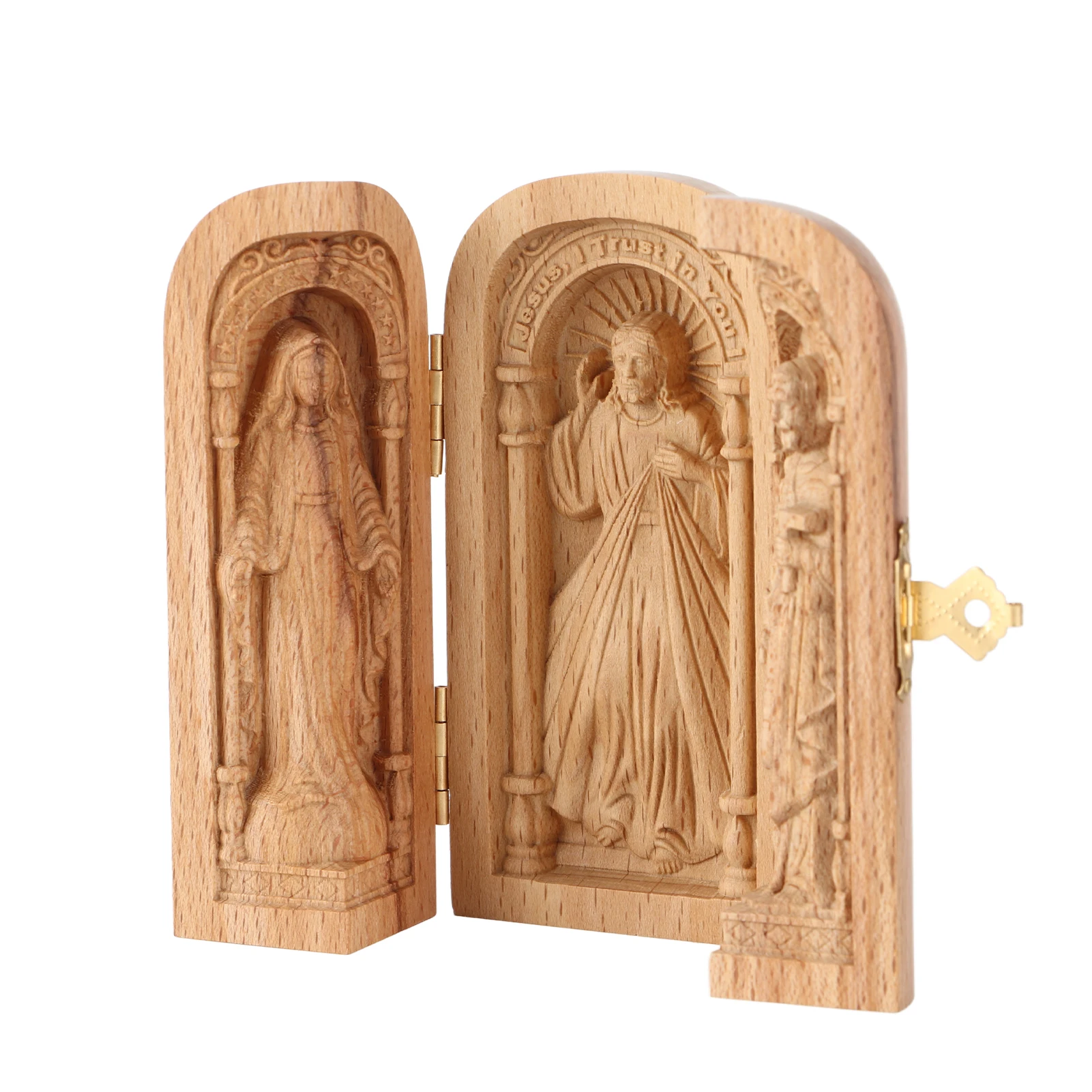 Ornamen dekorasi Desktop ukiran hadiah kayu Gereja portabel orang kudus liburan Katholik suci tiga kotak terbuka kerajinan