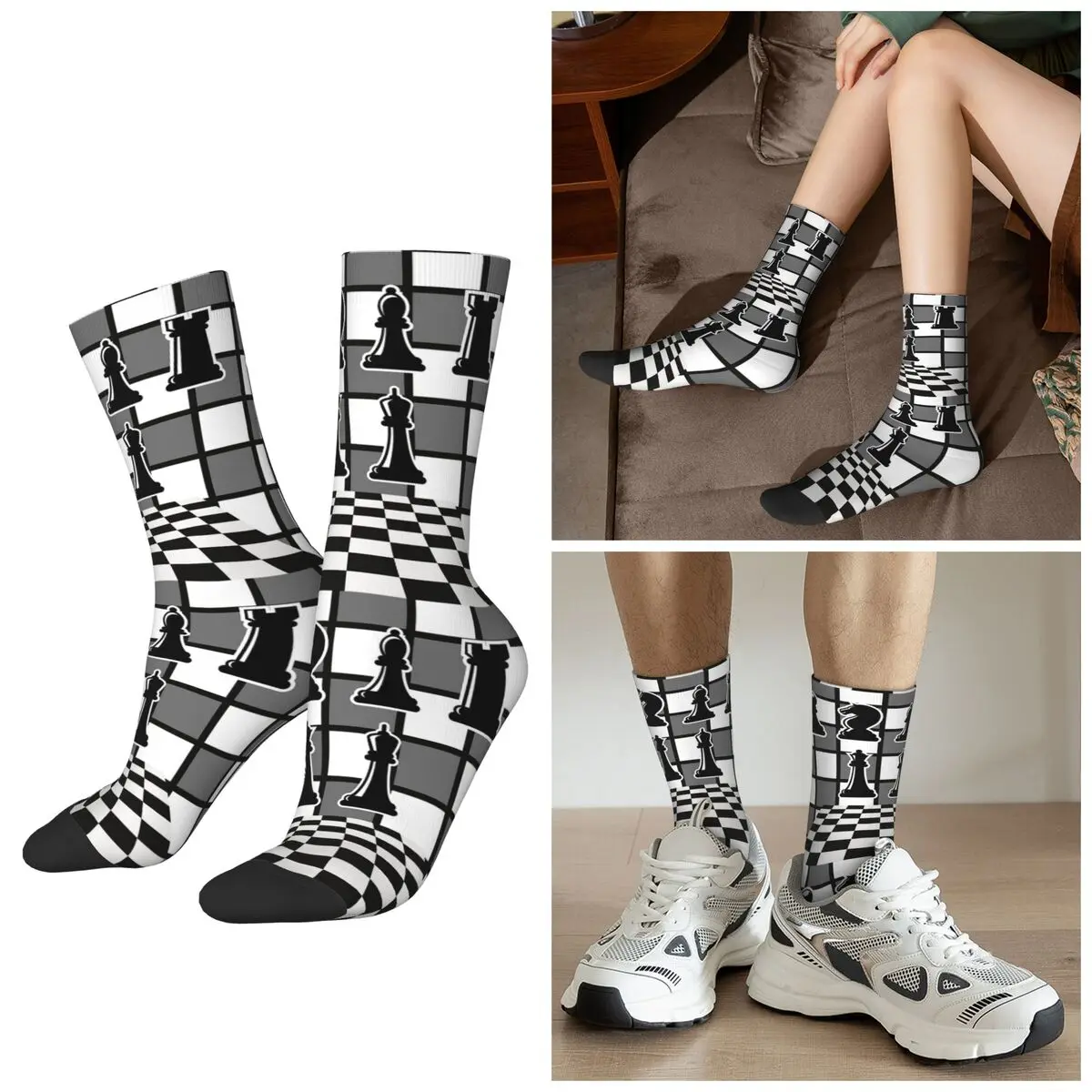 All Seasons Chess Piece And Checkerboard Socks Harajuku Crew Socks Sweat Absorbing Stockings for Men Women Valentine's Day Gifts