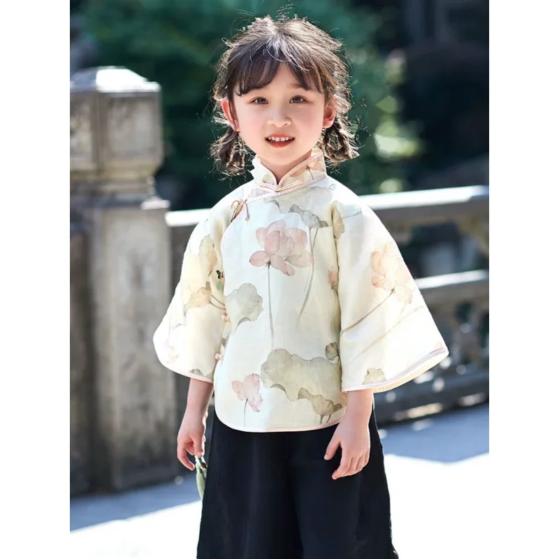 National Style Cotton Linen Lotus Leaf Printed Long Sleeved Top Black Pants Children's Tang Suit Suit Summer Autumn Girl Clothes