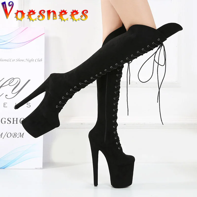 Women Shoes Black Platforms Pole Dance High Heels Female Suede Side Zip Sexy Peep Toe Pumps Club Over-the-knee Long Tube Boots