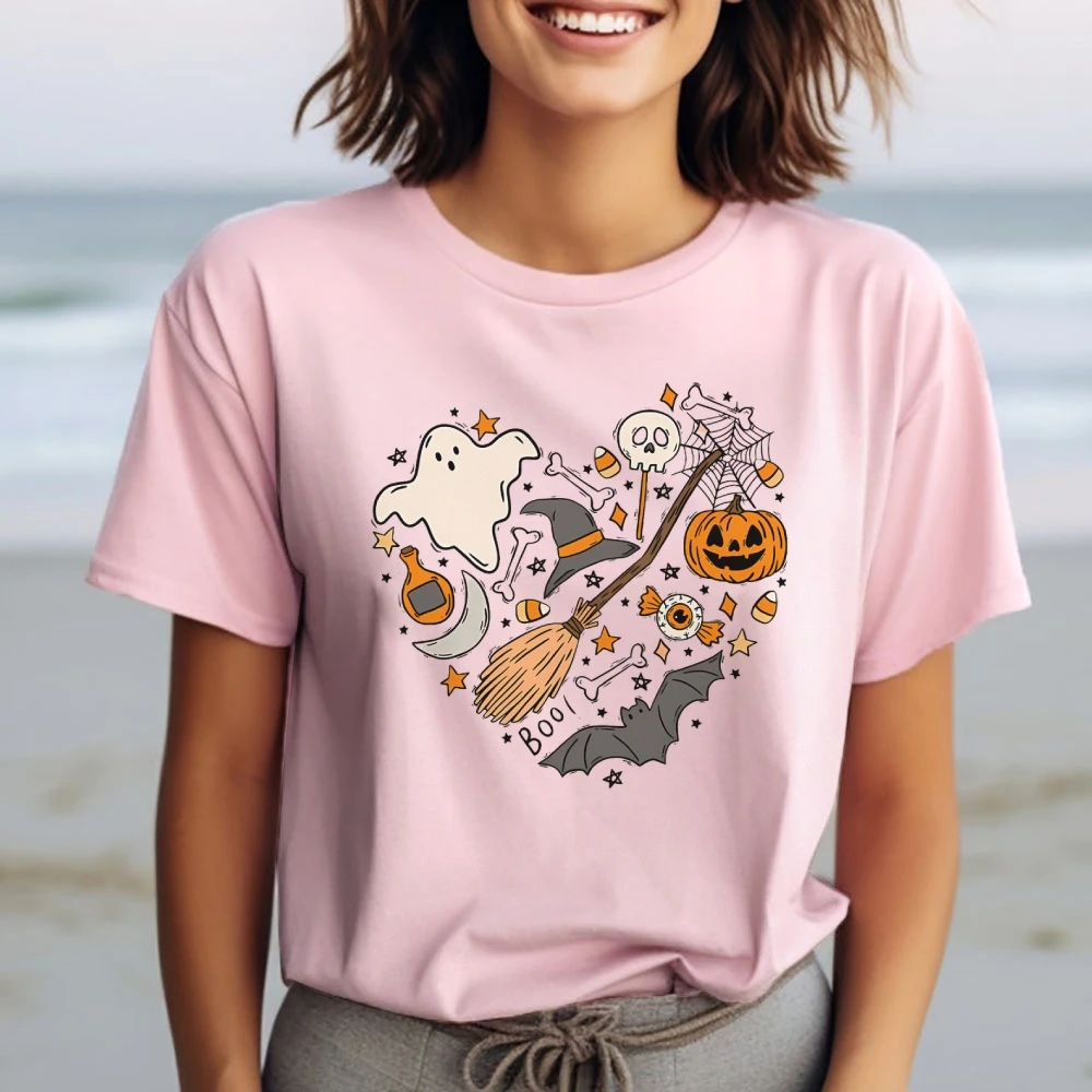 Cute Halloween Ghost Graphic Tee Outfit Oversized High Quality Cotton Top Crew Neck Pullover Clothing Y2k Women Short Sleeve