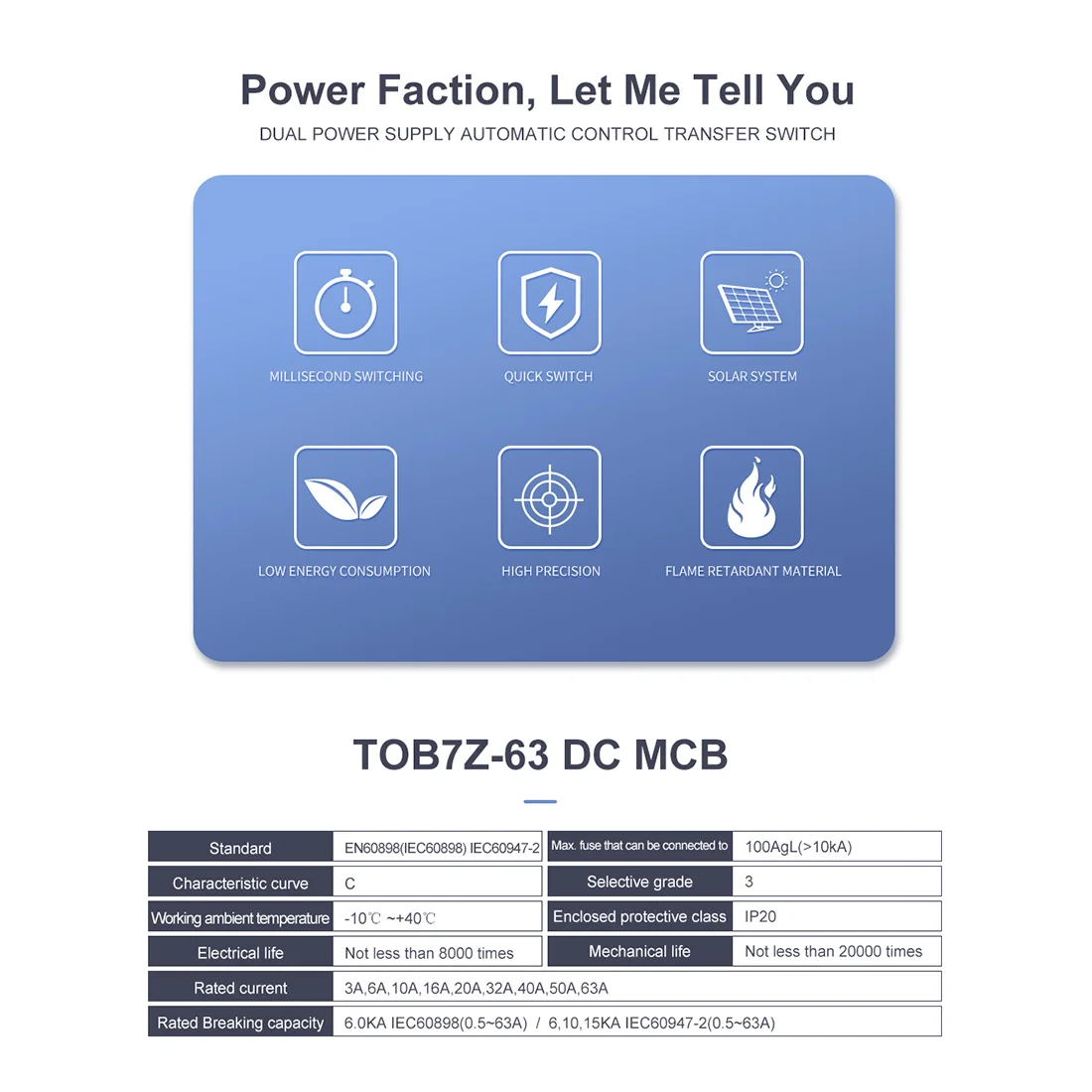 TOMZN 2P DC 1000V Solar Mini Circuit Breaker DC MCB Circuit Breaker for PV System, 63A