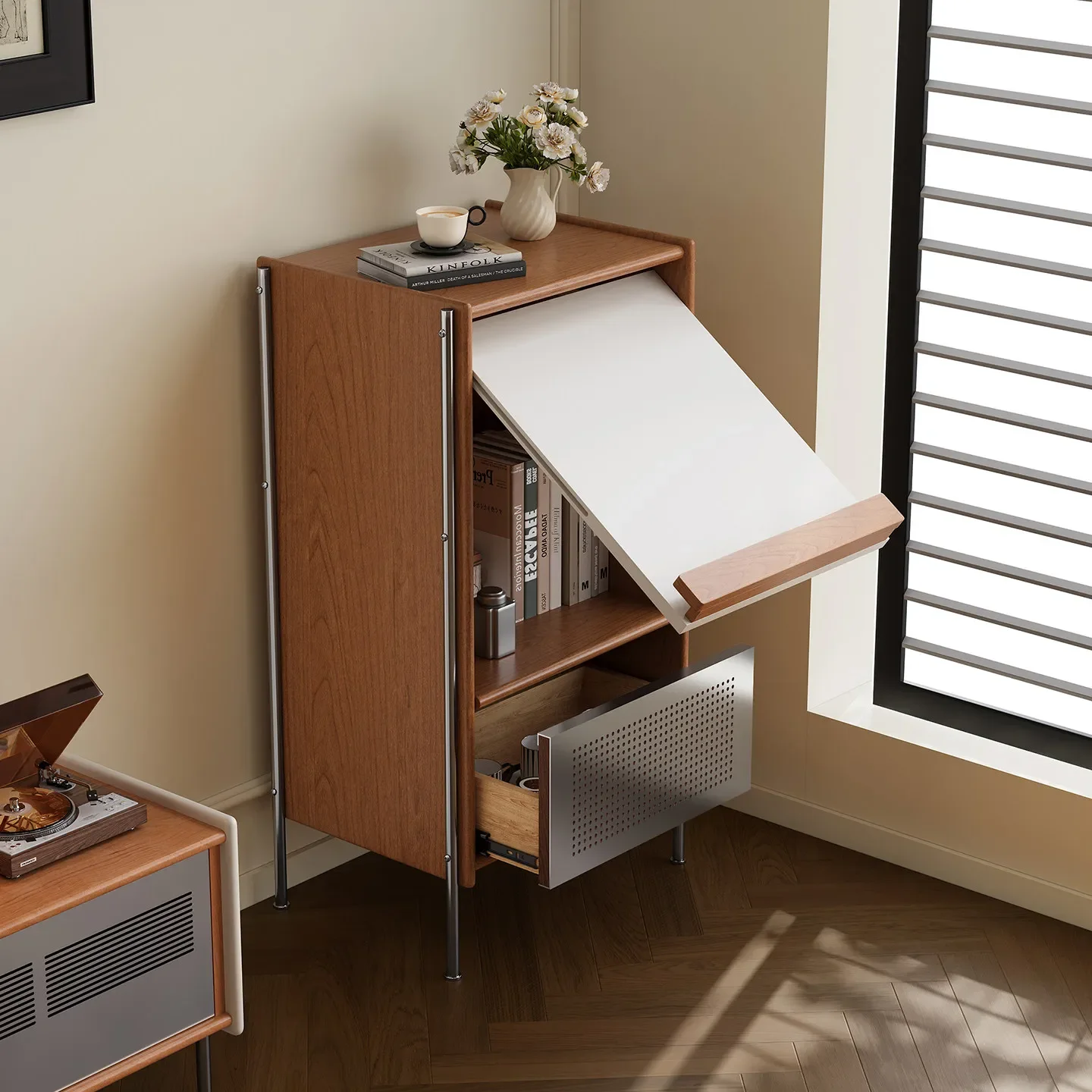 DSA cherry wood sofa side cabinet simple solid wood chest cabinet small apartment bedroom locker upturn door low cabinet