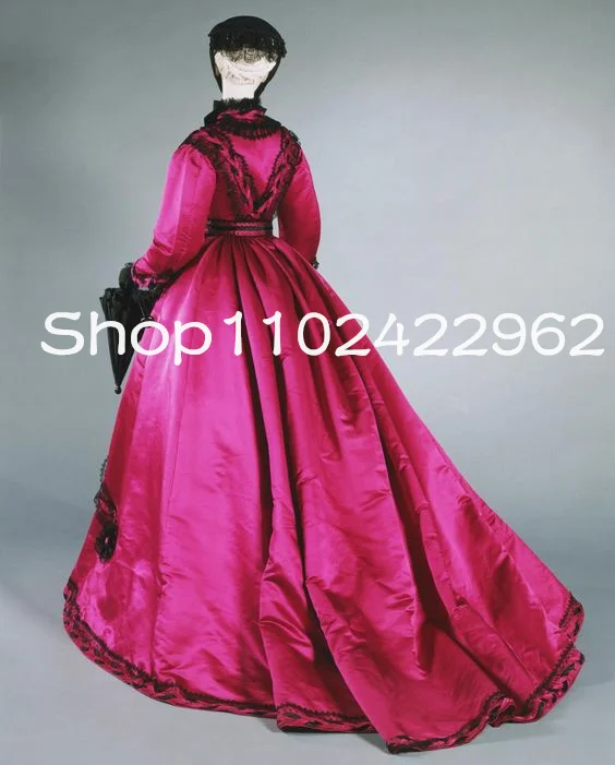 Fuchsia Hot Pink Victorian and Edwardian Prom Party Dresses Cosplay Long Sleeve Historial Fashion Walk Evening Gowns