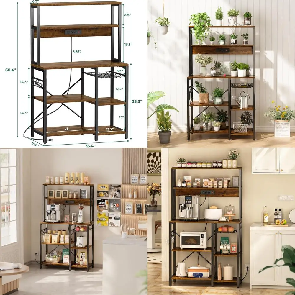 

Rustic Brown Kitchen Microwave Stand with Power Outlet, 35.4 Coffee Bar, Wire Basket & 6 Hooks
