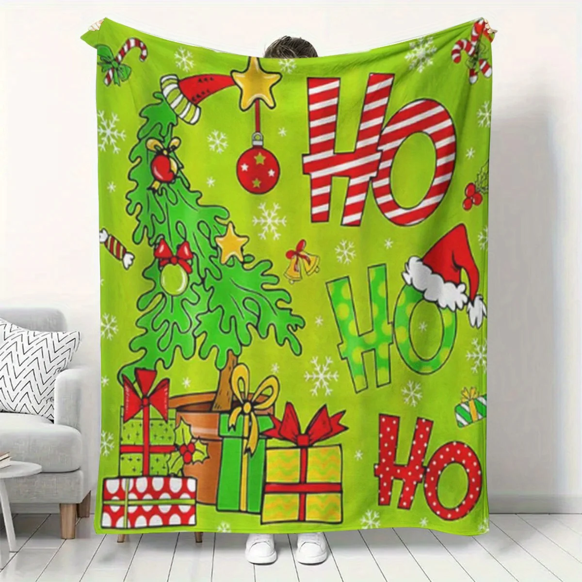 Christmas Plaid Flannel Blanket, Red Green HO HO HO Print, Soft Lightweight Throw for Couch Bed, Festive Holiday Decor Gift
