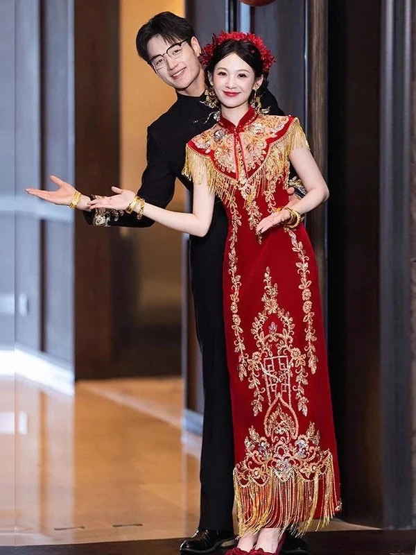 

New Chinese Style Wedding Dress Shawl Embroidered Wedding Dress for Engagement And Wedding Celebration Short Size