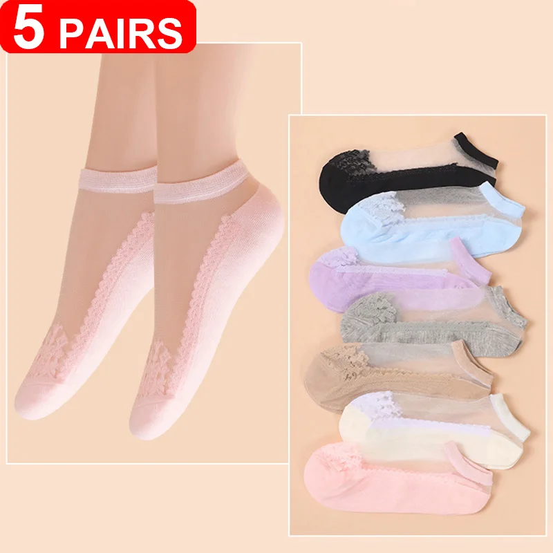 5 Pairs Soft Women Lace Boat Socks Invisible Socks Thin Crystal Glass Silk Summer No Show Socks Cool Transparent Short Ankle Sox