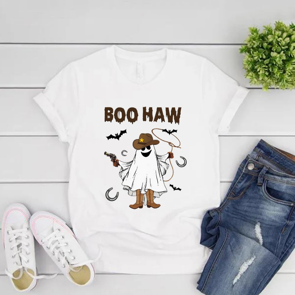 

Boo Haw T-Shirt Funny Ghost Cowboy Tee Western Halloween Tshirt Women's Short Sleeve T-shirt Graphic T Shirts Country Girl Gift
