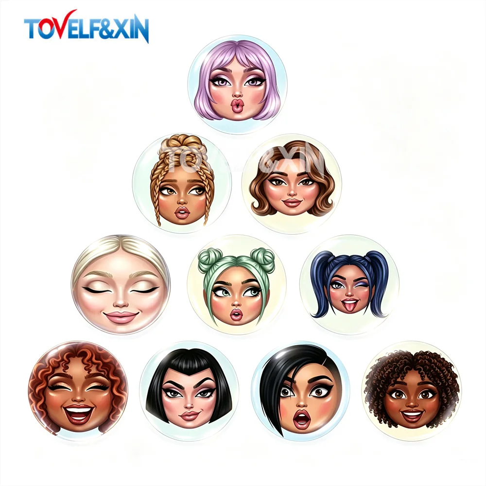 10Pcs Y2K Multi Ethnic Girl Face Round Glass Cabochons Flatback Photo Cameo Charms DIY for Keychain Fridge Magnet Jewelry Making
