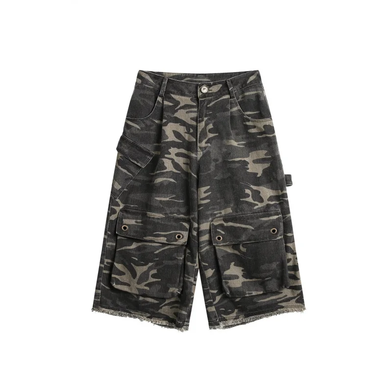 Celana Jeans Tujuh Saku Model Vintage Distressed Camouflage untuk Pria, Musim Panas, Model Longgar, Celana Cargo Multi-Kantong