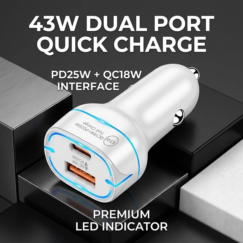 Dual Port 43W Fast Car Charger Mini Flush Fit USB C Car Adapter PD 25W QC 18W Cigarette Lighter Charger For iPhone 15 For Xiaomi