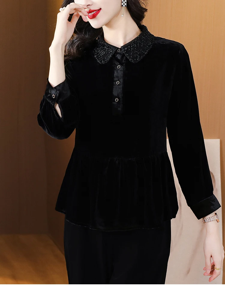 2024 Blue Velvet Long Sleeve O-Neck Top Coats Autumn Winter Black Thick Warm Casual Blouses Women Korean Vintage Luxury Top Coat