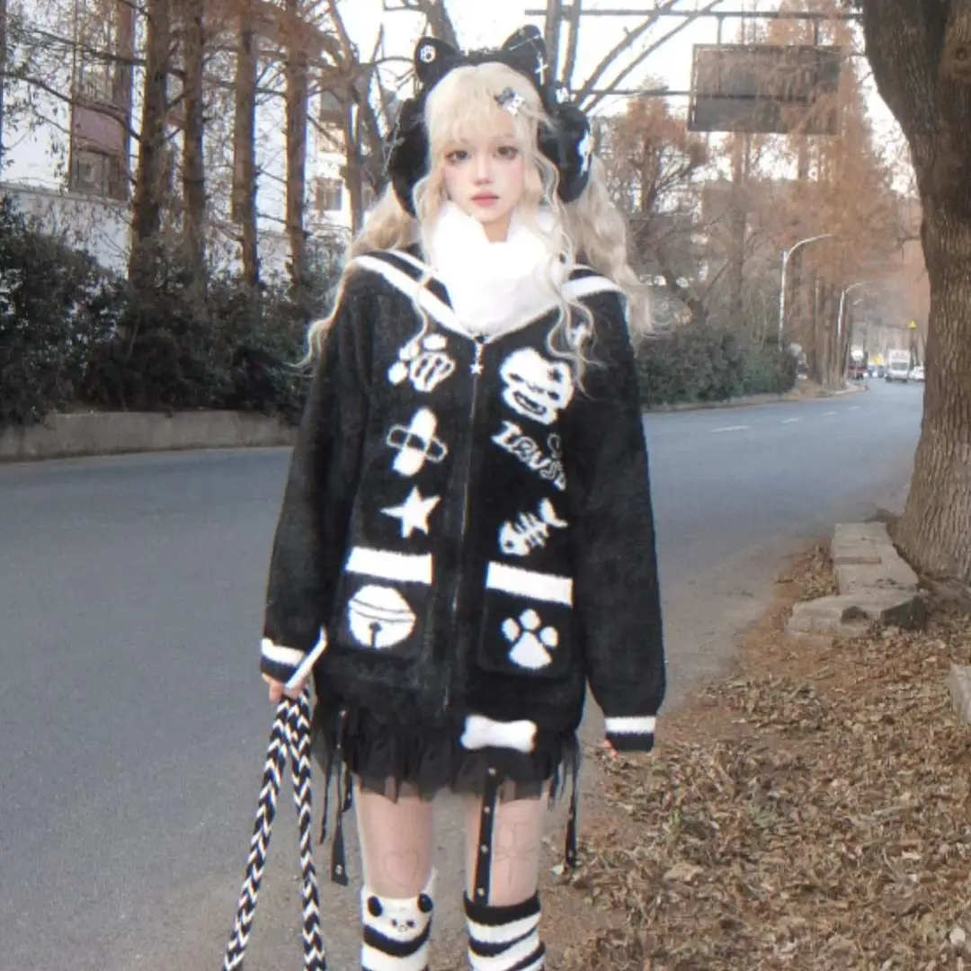 2025 giapponese Kawaii carino Y2k felpa con cappuccio da donna dolce casual elegante orecchie di gatto cappotto manica lunga stampata tasche con cerniera maglione invernale