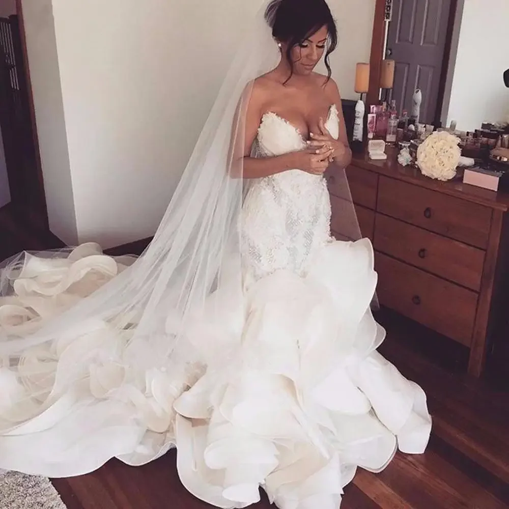 Customized Ruffles Mermaid Wedding Dresses Lace Appliques Ruched Long  Plus Size Sweetheart  Wedding Gowns