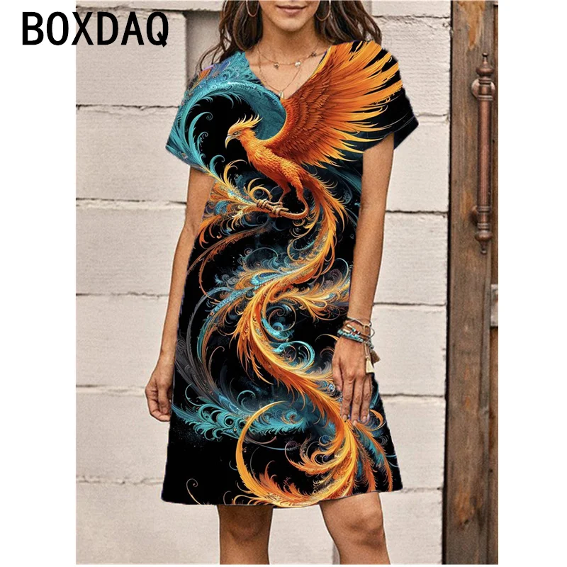 

3D Phoenix Pattern Printed Dress Big Size 6XL Short Sleeve O-Neck Casual A-Line Dress Summer New Personality Dress Vestidos