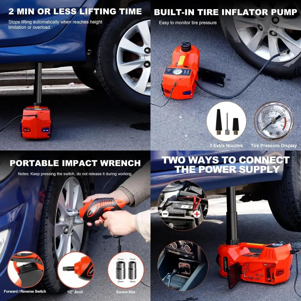 

12V Portable 5-Ton Electric Car Jack Kit with Impact Wrench, Tire Inflator, and LED Light, 6-17.7 Inch Lift for Sedans and SUVs