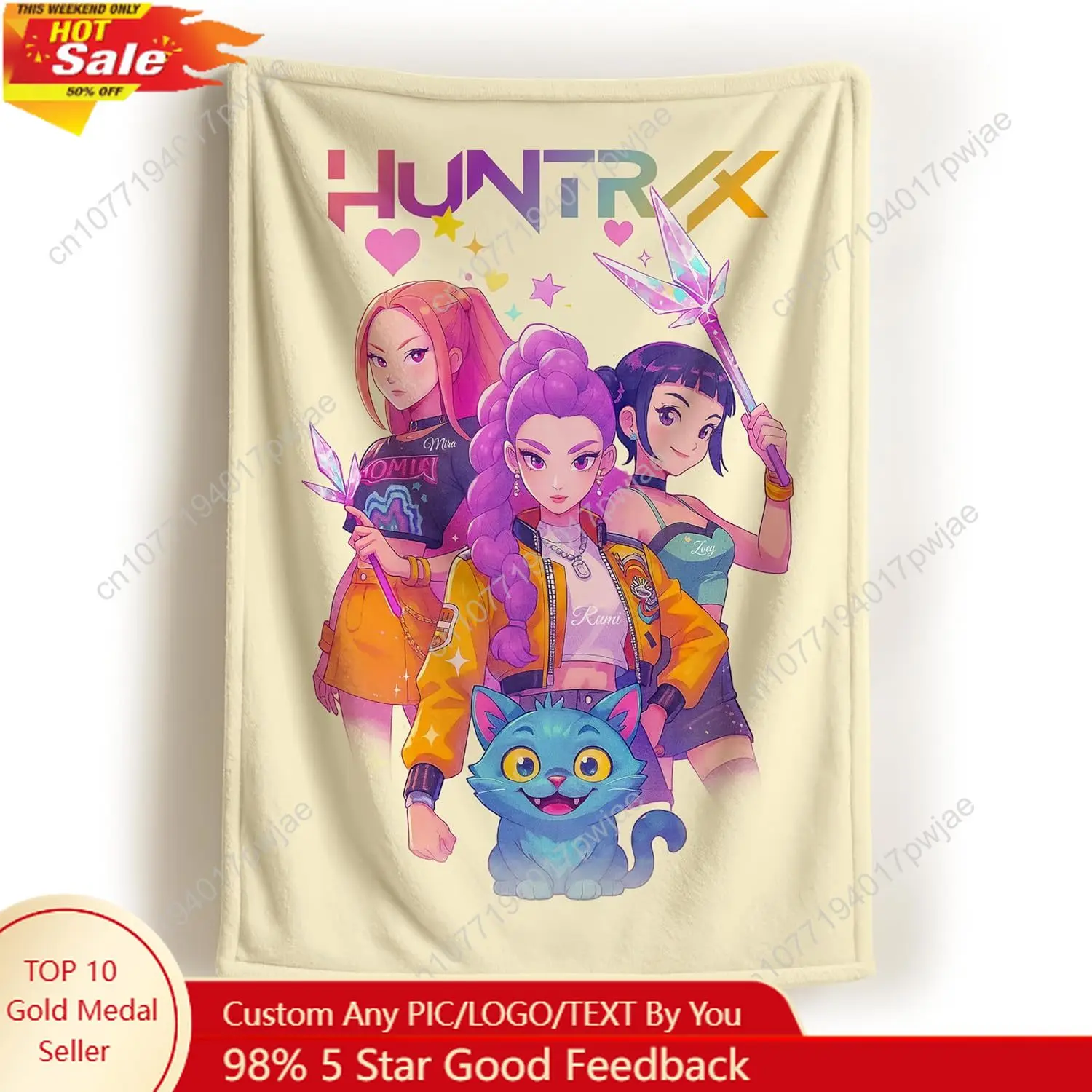 ผ้าห่มลายภาพยนตร์ Demon Pop Hunters ผ้าฟลีซลายกราฟิกจากภาพยนตร์แฟนตาซีเกาหลี แรงบันดาลใจจากไอดอลเพลงป๊อปเกาหลี ผ้าห่มสั่งทำพิเศษ