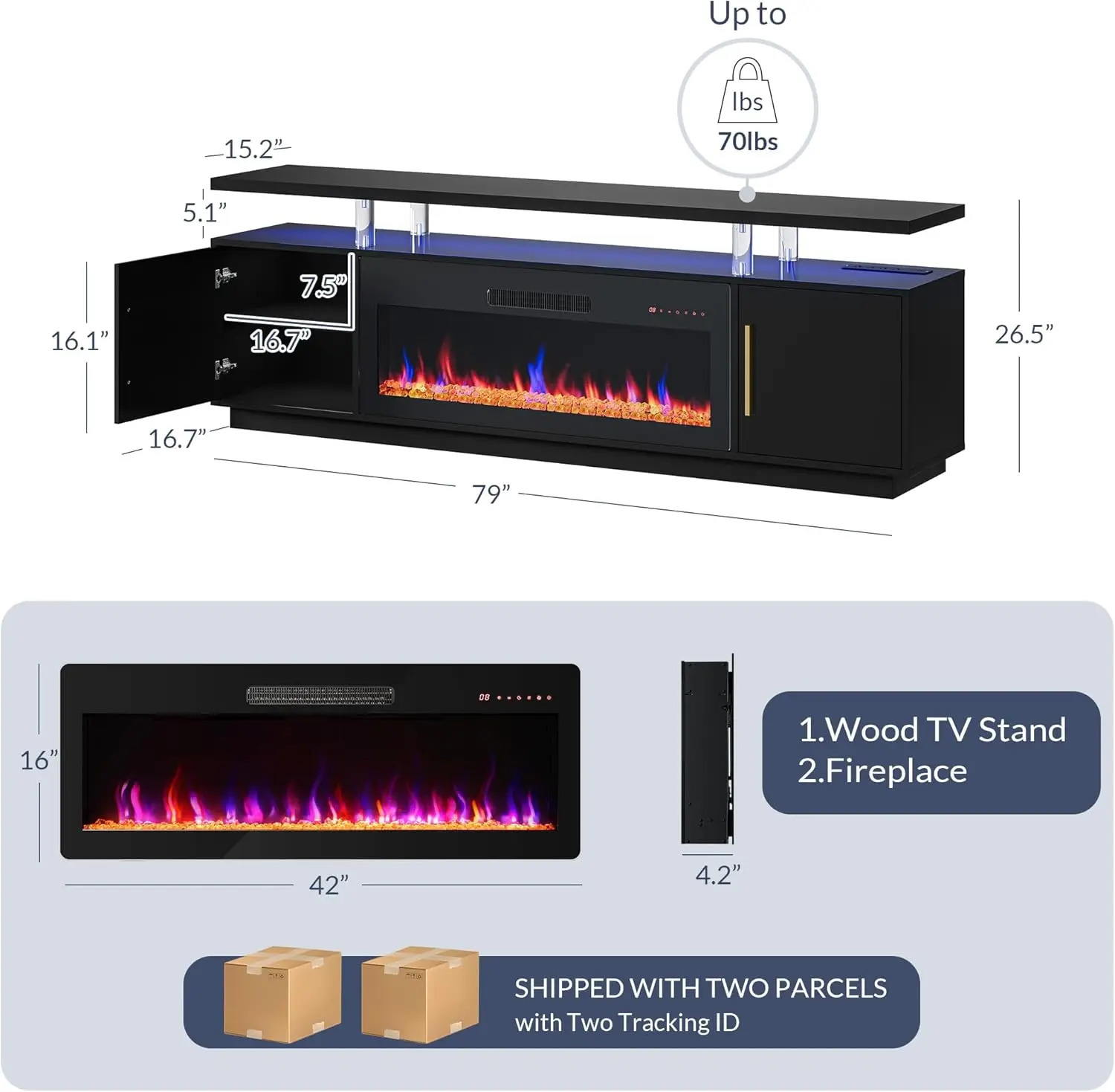 79 Meuble TV pour téléviseurs jusqu'à 85 pouces, centre de divertissement à lumière LED avec 42 foyers chauffants électriques