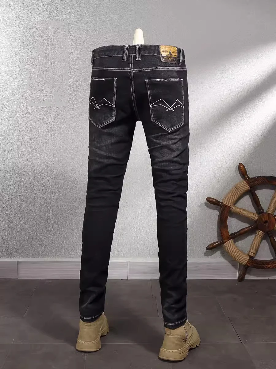 Italian Style Fashion Men Jeans High Quality Retro Black Gray Stretch Slim Ripped Jeans Men Vintage Designer Denim Pants Hombre