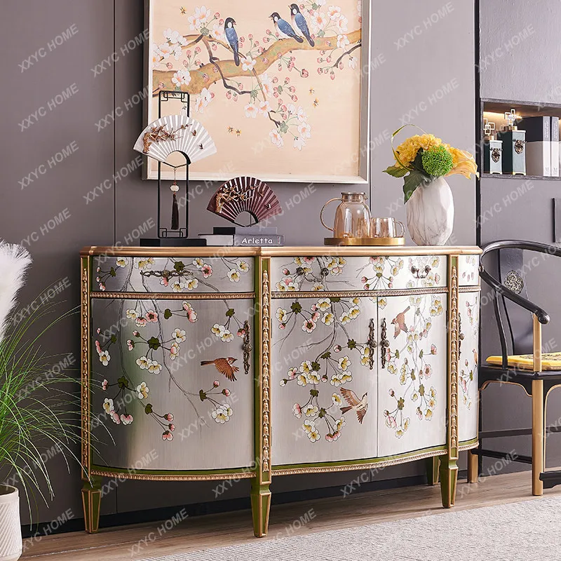 painted flowers and birds silver solid wood semi-circular villa new Chinese entrance decorative cabinet