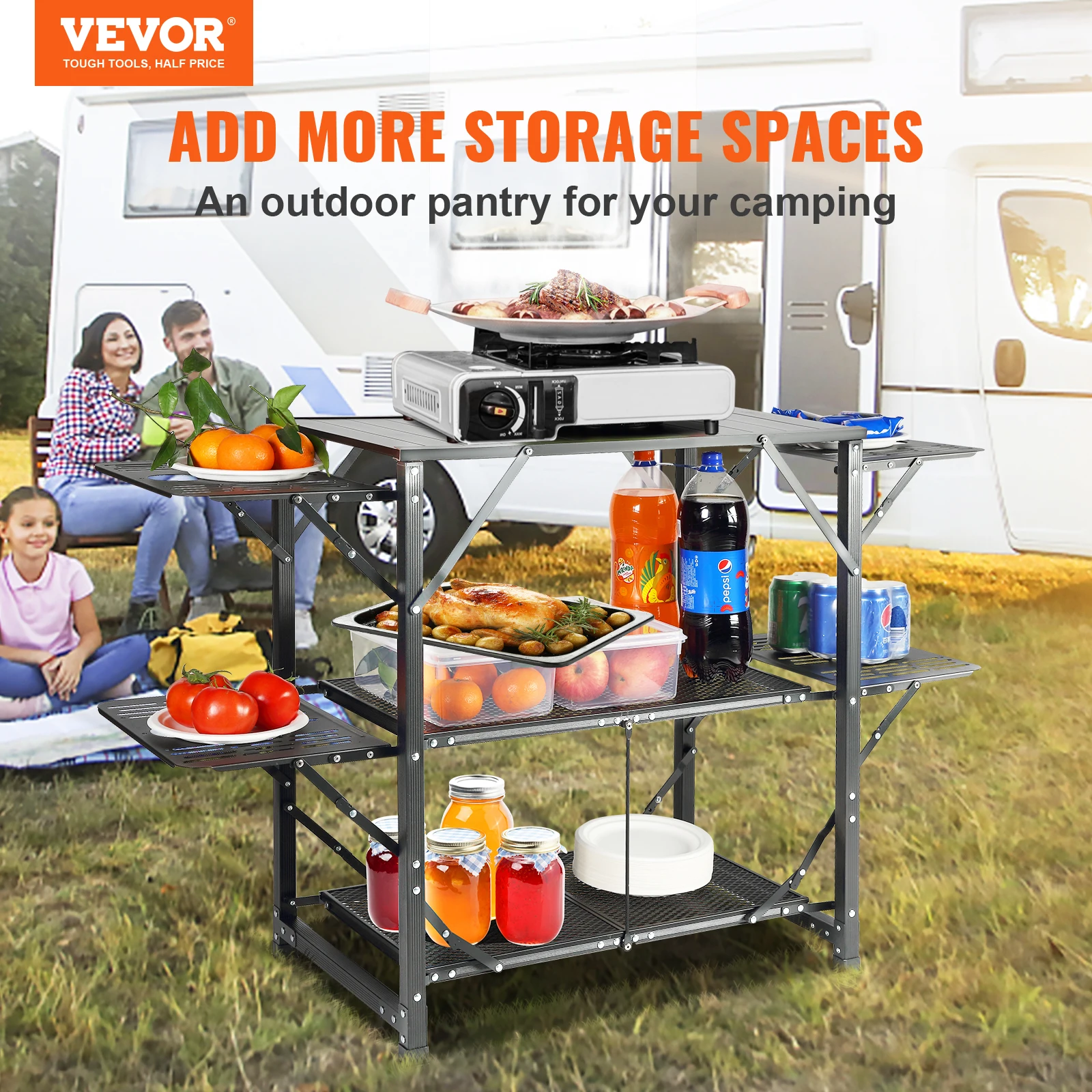 VEVOR Camping Kitchen Table One-piece Folding Portable Cook Station Aluminum Camping Folding Table for Outdoor Picnics BBQ