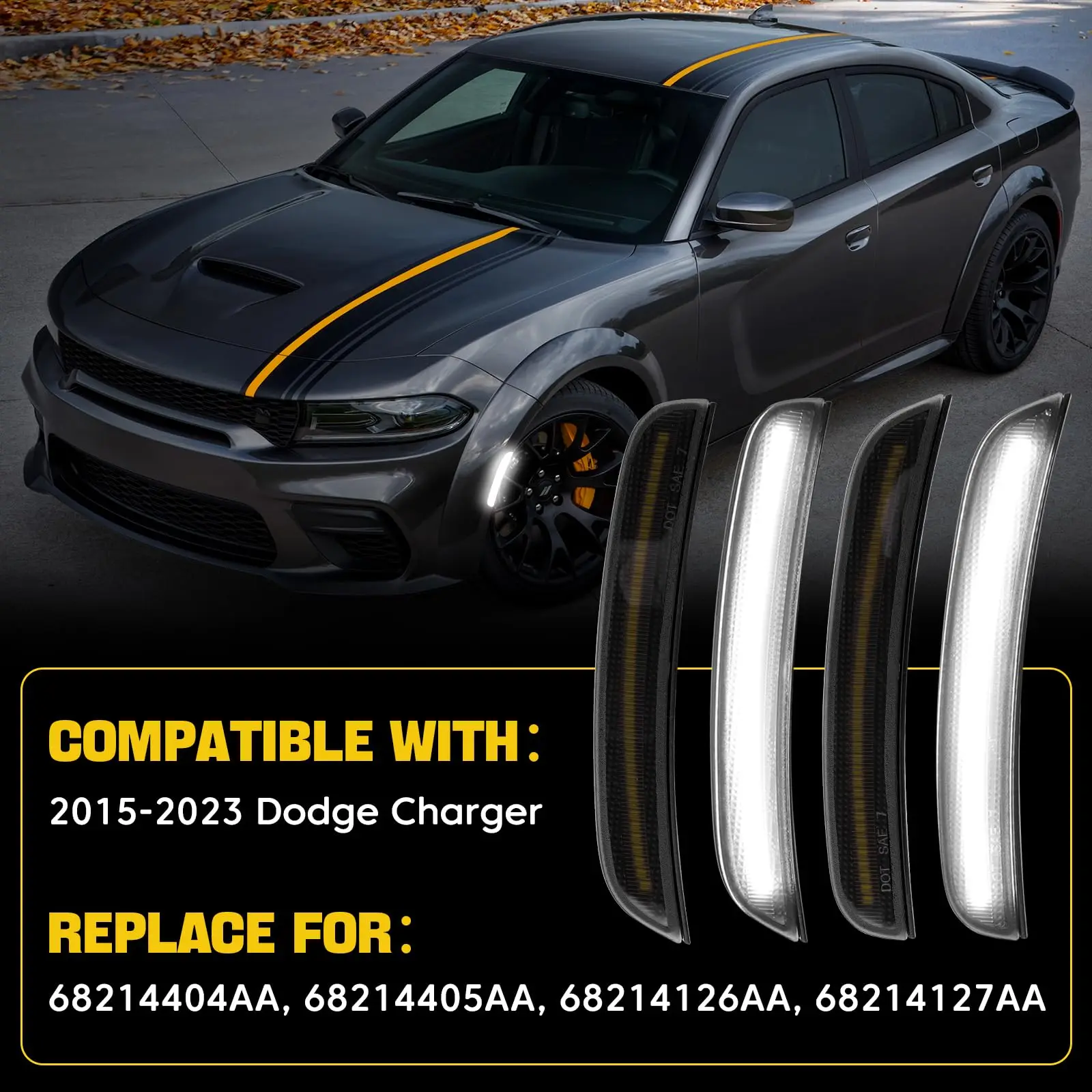 

Светодиодные боковые габаритные огни для Dodge Charger 2015-2023, передние и задние светодиодные лампы, габаритные огни бампера, OE: 68214405AA 68214404AA