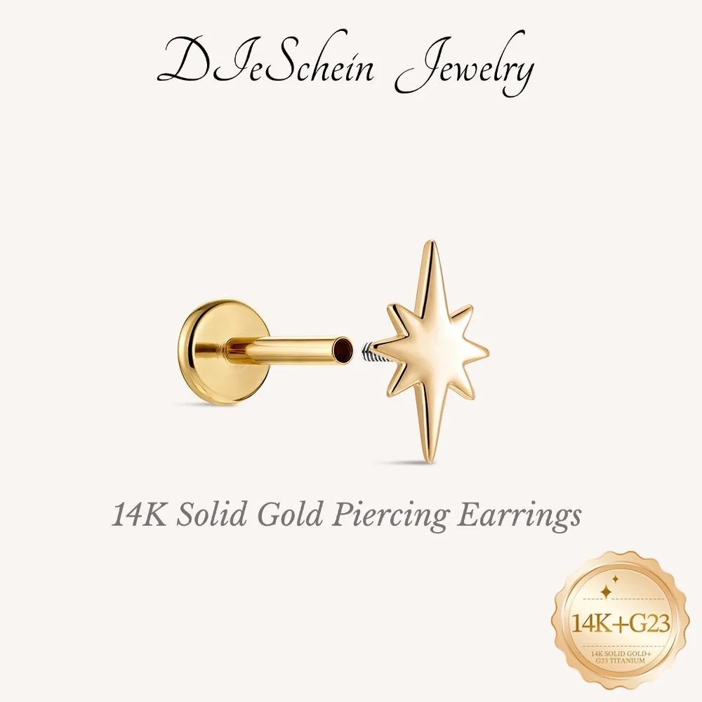 DIeSchein 14K Gold Tragus Helix Earring for Women North Star Stud Screw Labret Flat Back Earring for Helix Tragus Daith Piercing