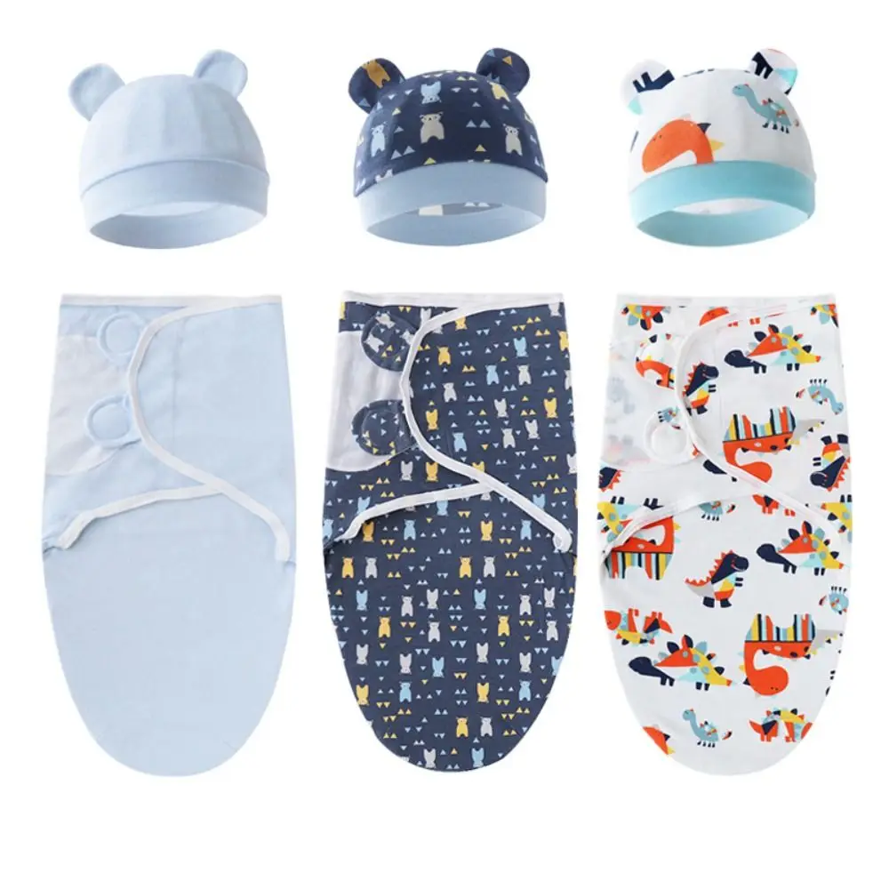 

Cartoon Printed Baby Blanket Hat Set Adjustable All Seasons Newborn Swaddle 0-6 Months Cotton Infant Sleeping Swaddle Wraps