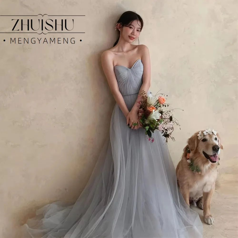 Sweetheart Dusty Blue Korea Evening Dresses Pleat Soft Tulle Photos Shoot Dress Customized Corset Long Bride Party Gown