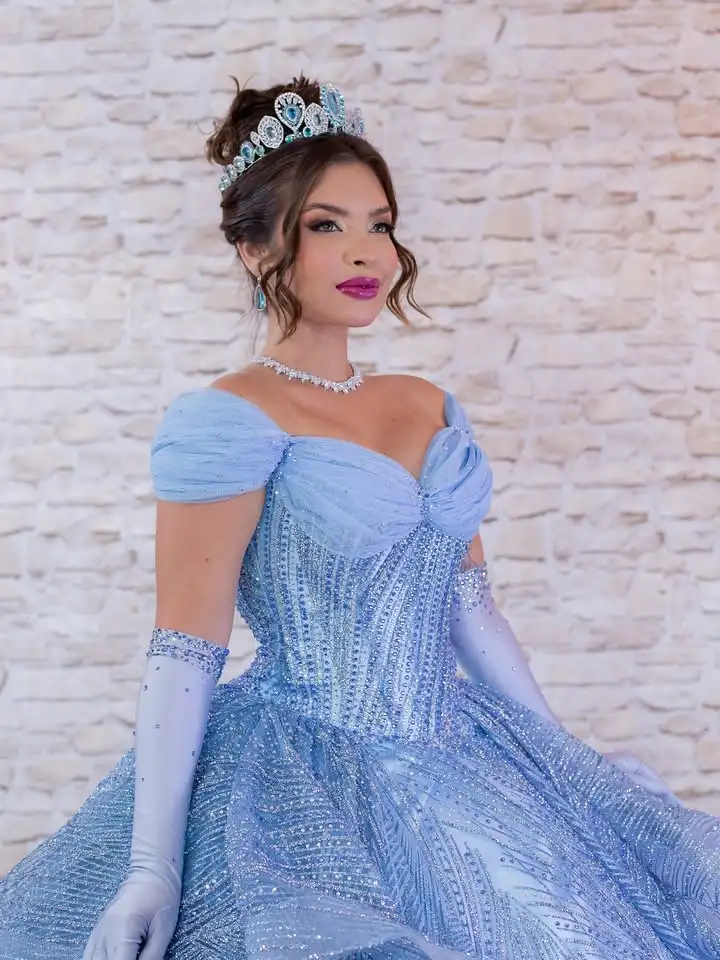 Customized Glitter Ruffles Quinceanera Dresses Blue Ball Gown Vestidos De 15 Anos Cap Sleeves 16 Birthday Party Gown view 3