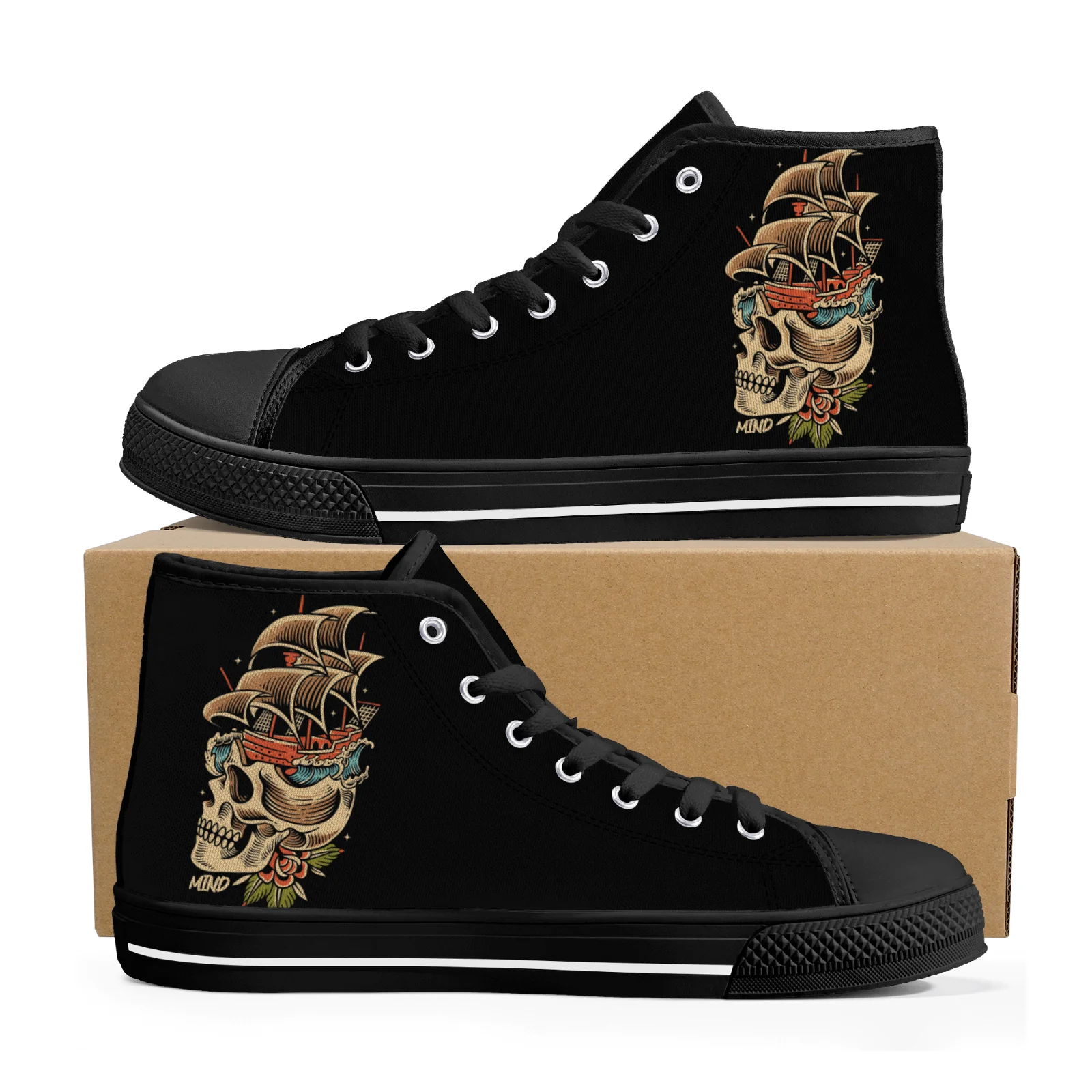 

Customizable Pirate Skeleton high-top canvas shoes for boys and girls, casual sports shoes, denim shoes, skate shoes