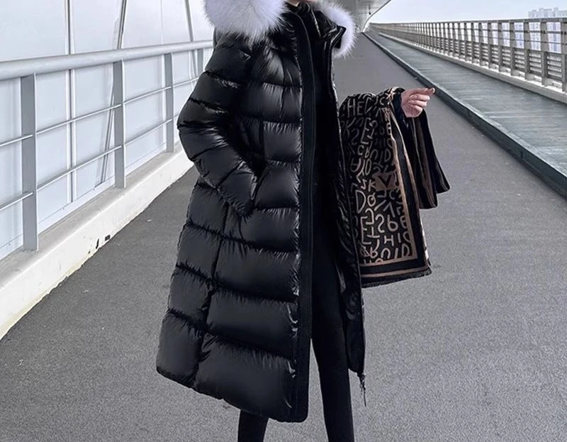 

Down and Cotton Jacket, Women's Long Style, Knee Length, Slim Fit, Slimming, Thickened, Big Fur Collar, Plus Size Jacket