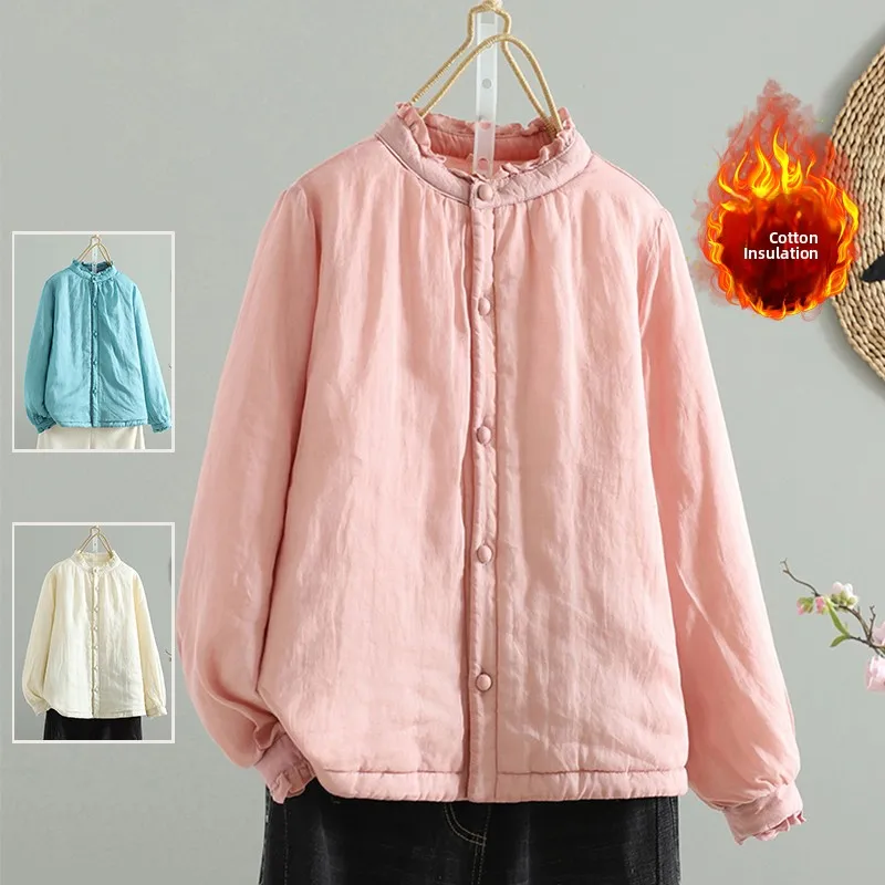 

Autumn Winter Lightweight Cotton Jacket Women's New Loose Ruffle Collar Long Sleeve Warm Cotton Clothes Pure Color Artistic S...
