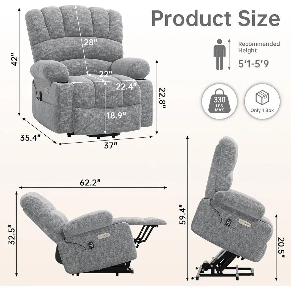 كرسي رفع تدليك كهربائي مع حرارة لكبار السن، مسند ظهر كبير من الشنيل، رمادي فاتح #2