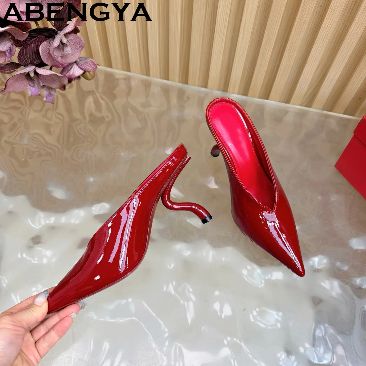 

Summer Patent Leather Slides Strange Heels Women's Slippers Point Toe Party Shoes Woman Slides High Heel Modern Sandalias Mujer