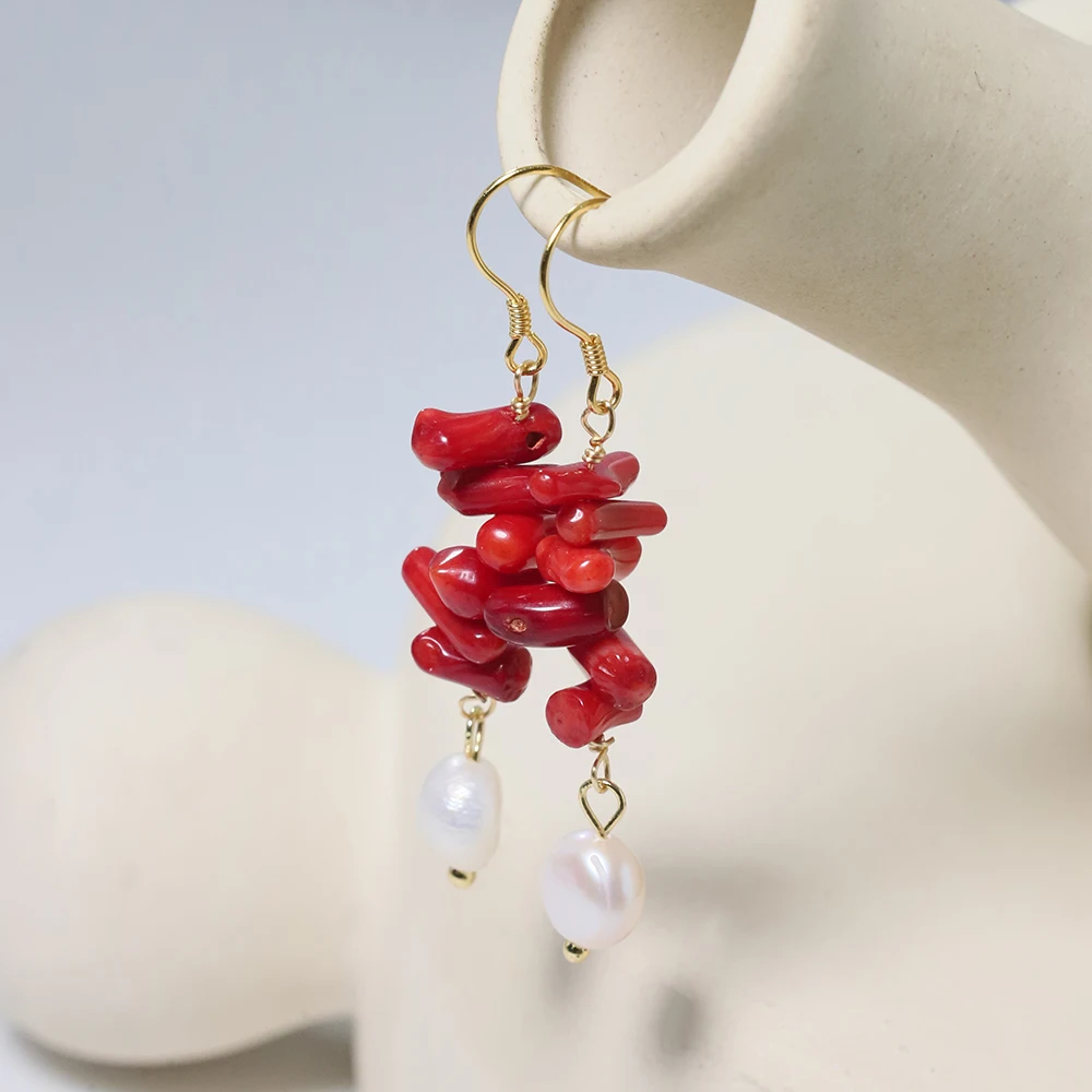Natural Freshwater Pearl Long Red Coral Earring Korean Style Women Luxury Jewelry Fashion Ladies and Girls Gift GE1549