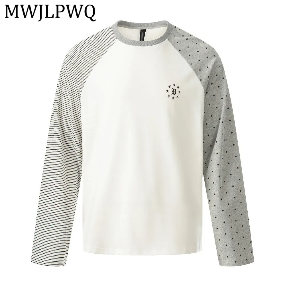 

Мужская футболка с длинным рукавом MWJLPWQ с принтом в полоску и цветовыми блоками, в американском уличном стиле, свободного кроя, с круглым вырезом, осенняя, 13231