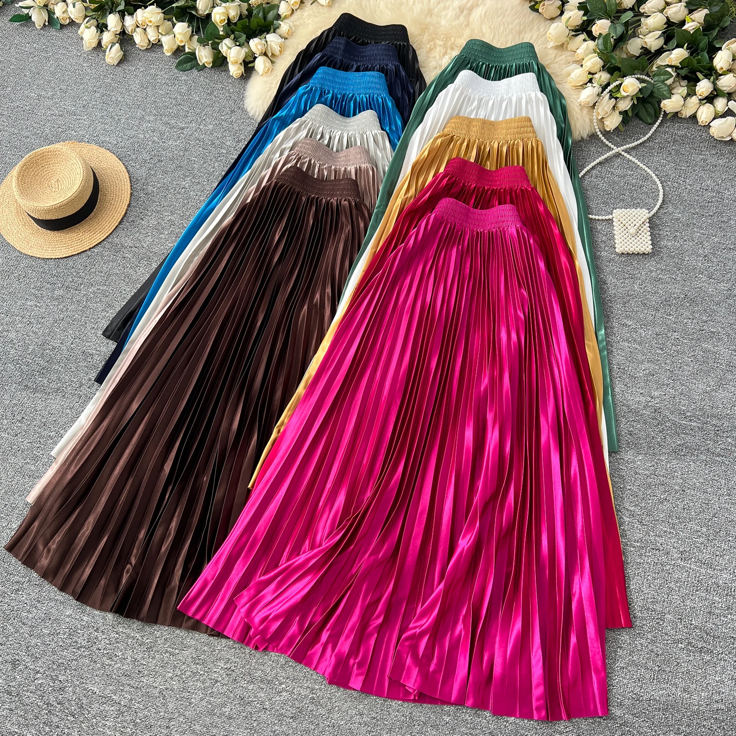 Seoulish 2025 New Spring Summer Satin Pleated Long Skirts Chic High Waist Elegant Beach Solid Umbrella Maxi Skirt Female