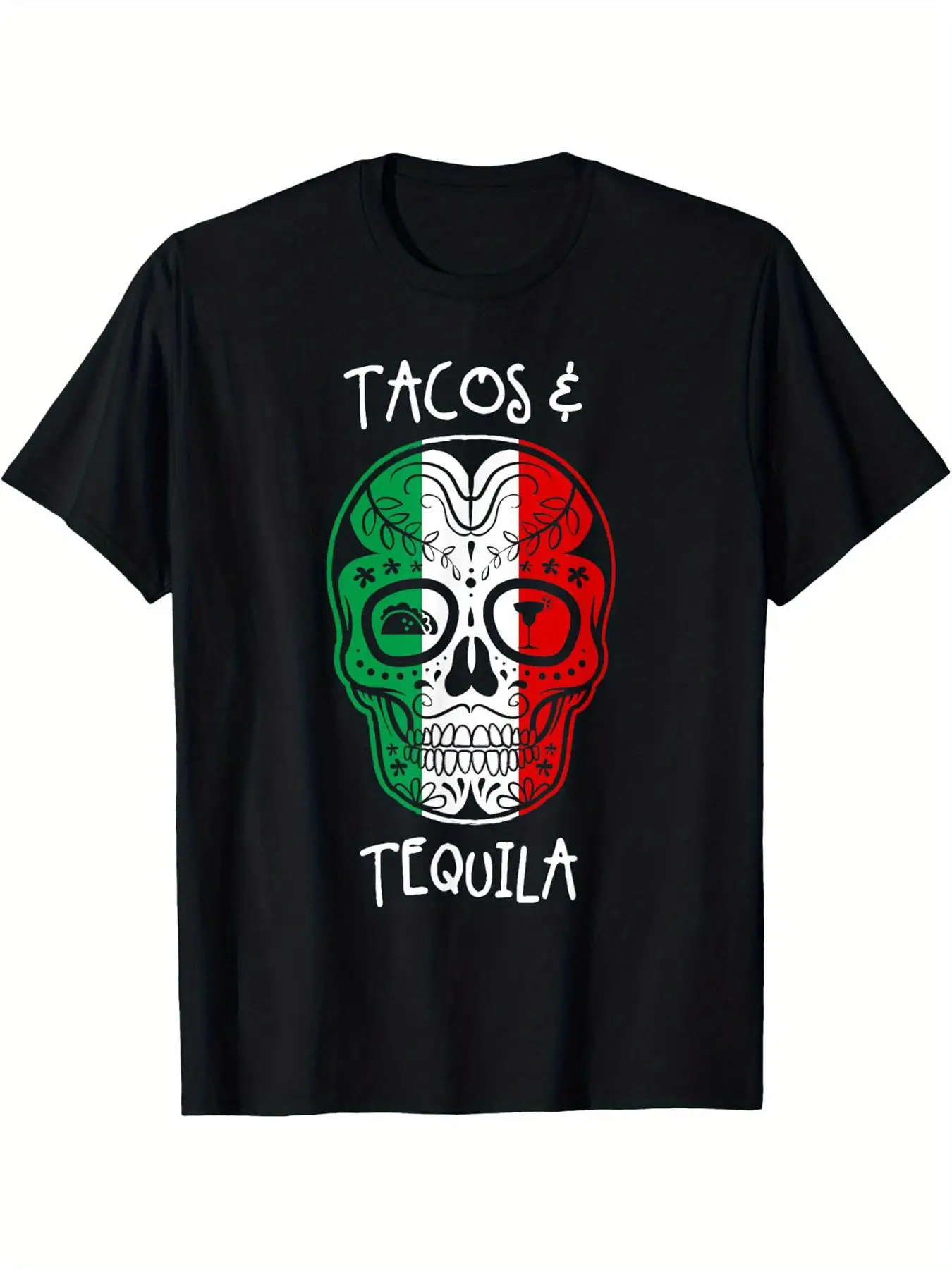 تي شيرت رجالي محلي مقاس كبير من Tacos & Tequila المكسيكي على شكل جمجمة