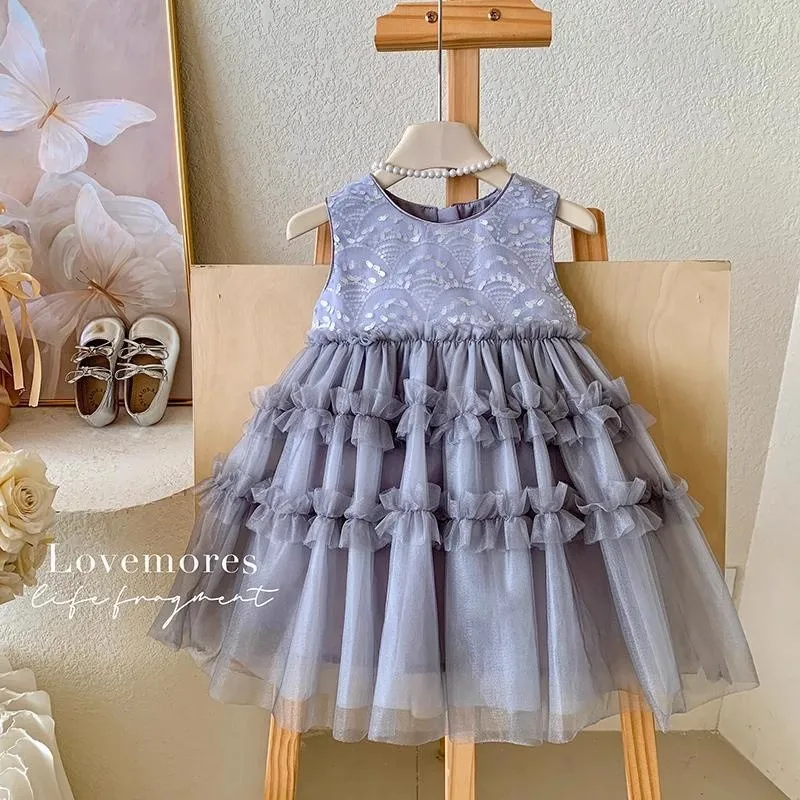 

TOY-Korean Style Summer Dress for Young Girls2025New Princess Dress for Girls Stylish Tulle Dress Sequin Sleeveless Tank Dress