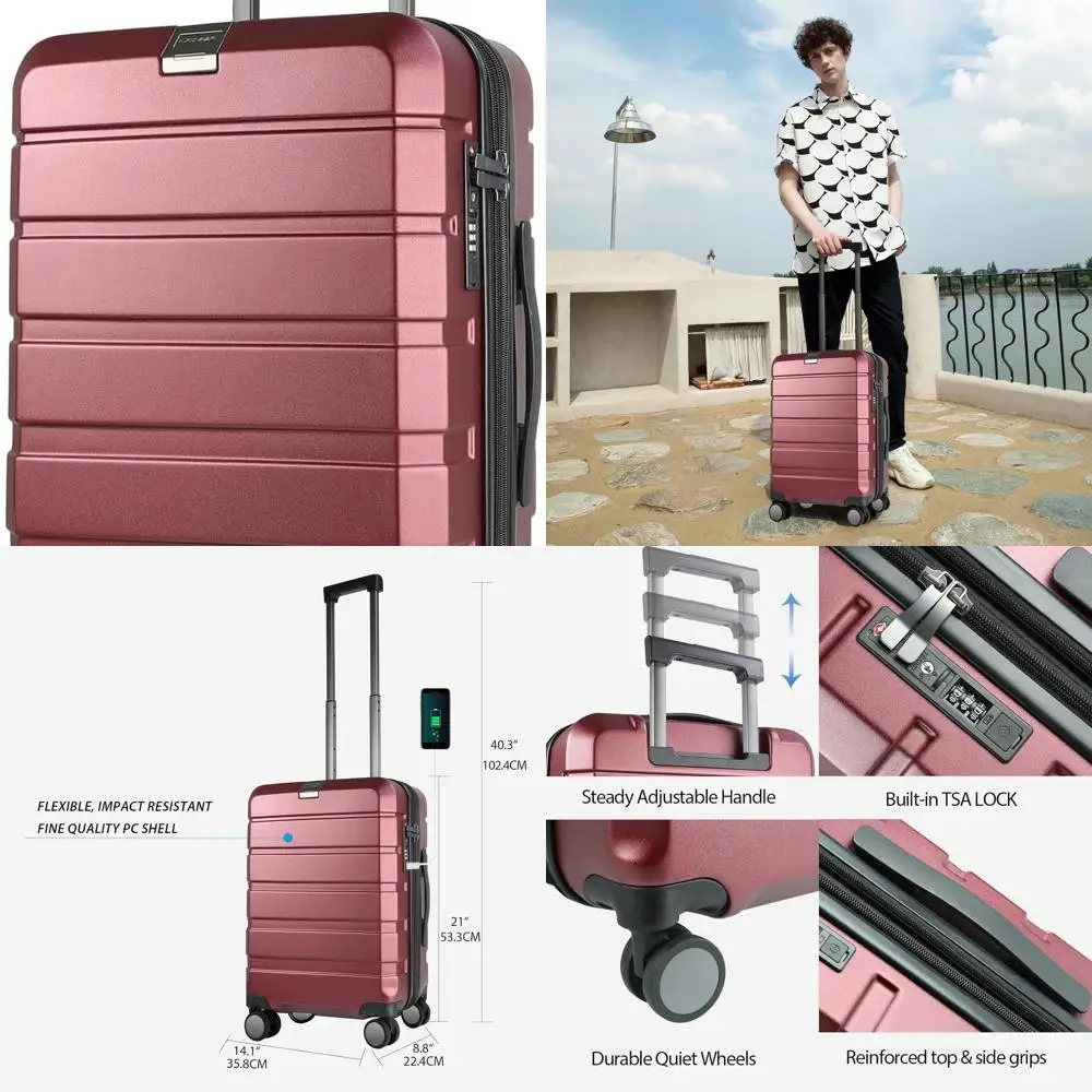 Expandable Hardside Spinner Luggage with TSA Lock, USB Port, 20 Burgundy Carry-On Suitcase