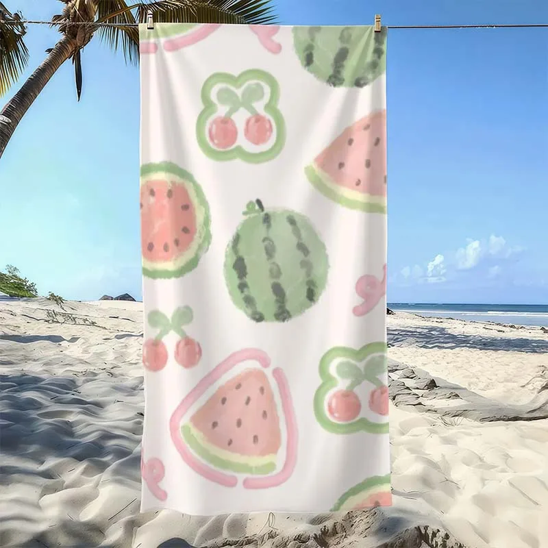 Watermelon Cherry Illustration Beach Towel, Ultra-Absorbent, Quick-Dry, Comfortable & Practical, Polyester Blend,Ideal for Beach