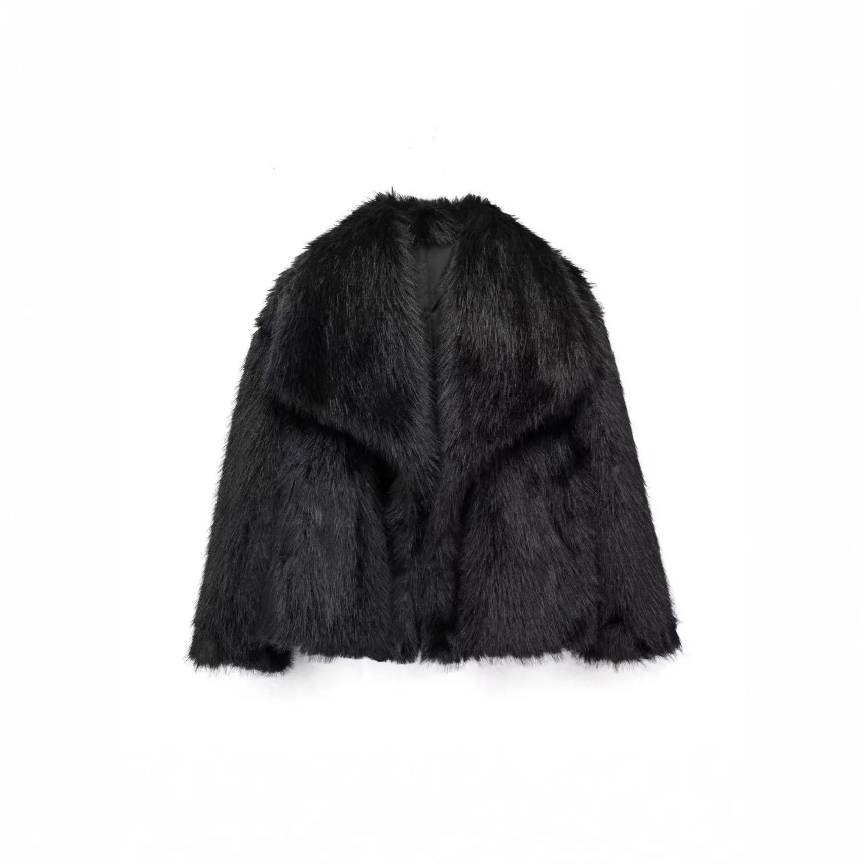 Schwarze Lammwolljacke für Damen, 2024, neuer Winter-Kunstpelzmantel, warm, übergroßer Reißverschluss, lässige Oberbekleidung, Übergröße, modisch