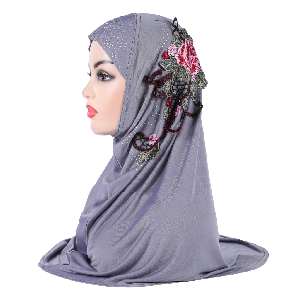 H317 حجاب إسلامي جميل للفتيات مع تطريز من الدانتيل وشاح إسلامي شال حجاب قبعة أرميا سحب على التفاف هدية رمضان