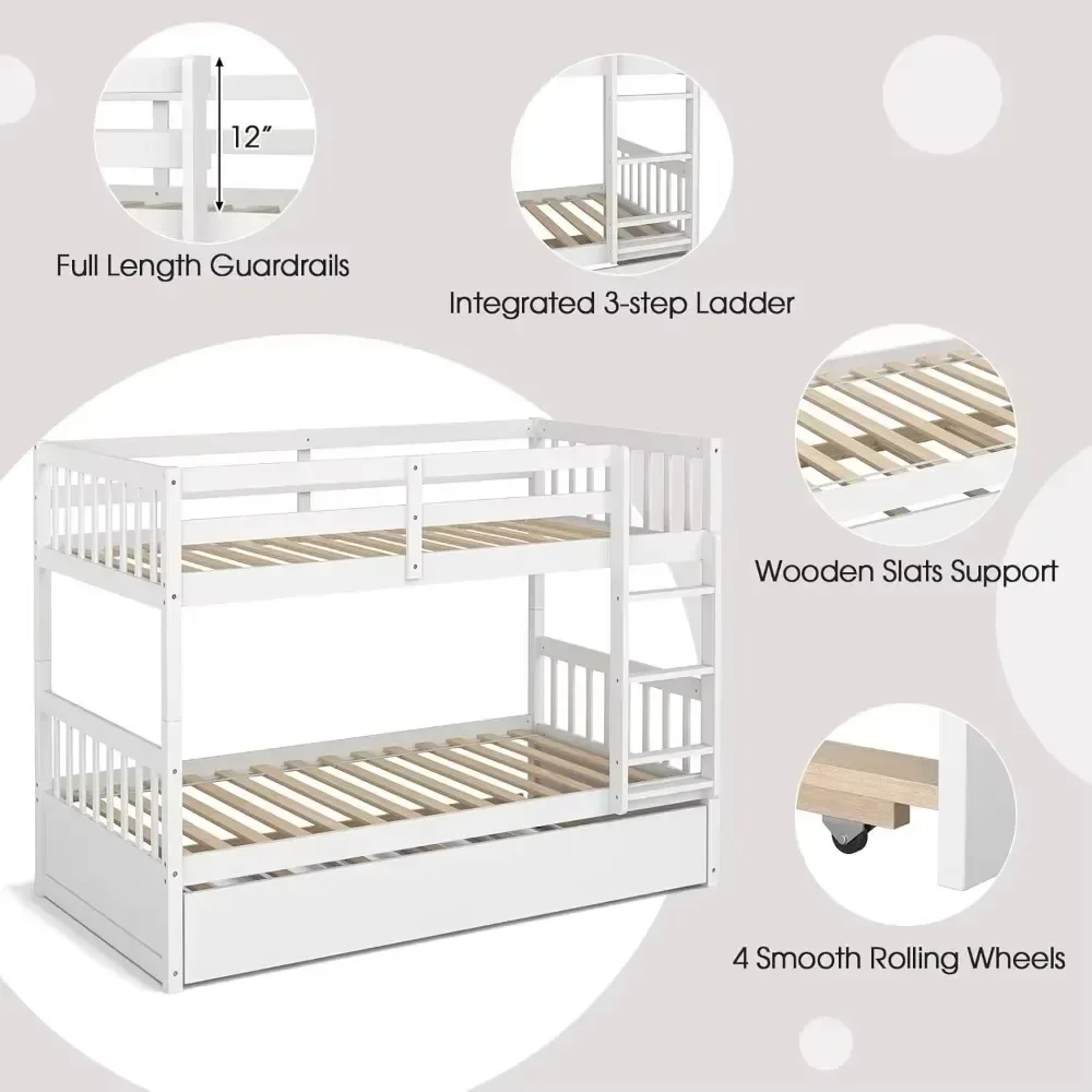 Bunk Beds Twin Over Twin Bunk Bed with Trundle, Convertible Platform Bed Frame with Ladder & Solid Wood Frame Bunk Beds